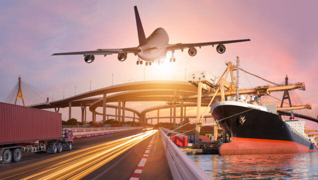 Panorama transport and logistic concept by truck boat plane for logistic Import export background