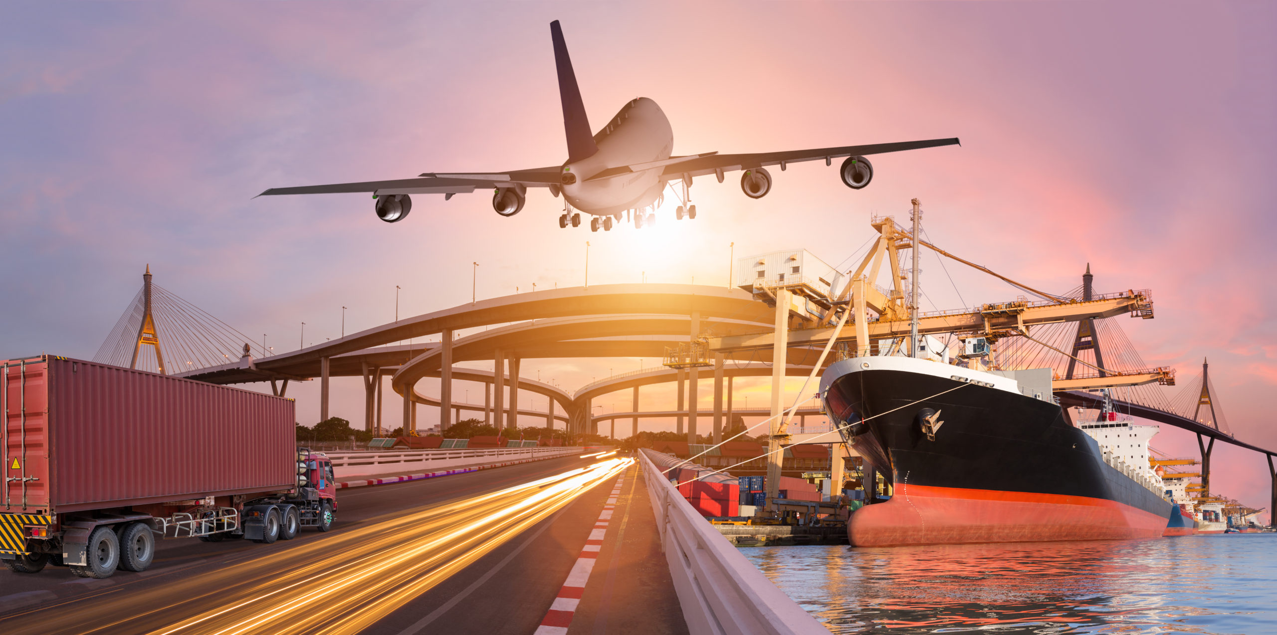 Panorama transport and logistic concept by truck boat plane for